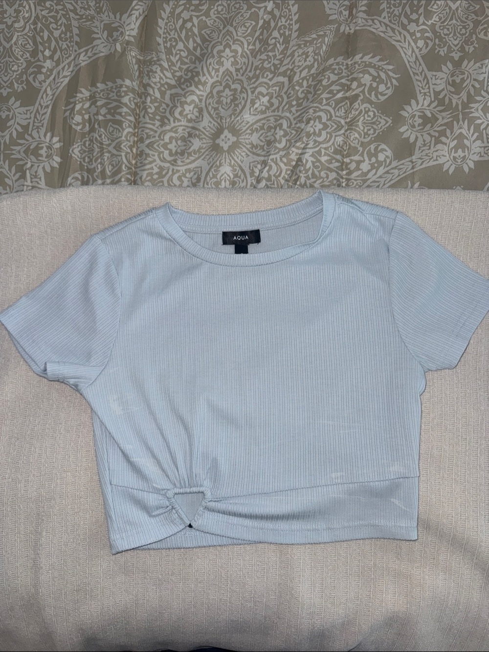 Aqua Pale Blue Ribbed Knot-Front Crop Top